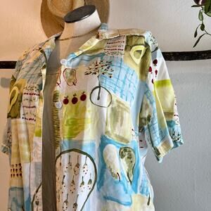 Line Two Fruit Print Green & Blue Print Short Sleeve Button Down Shirt Size XL